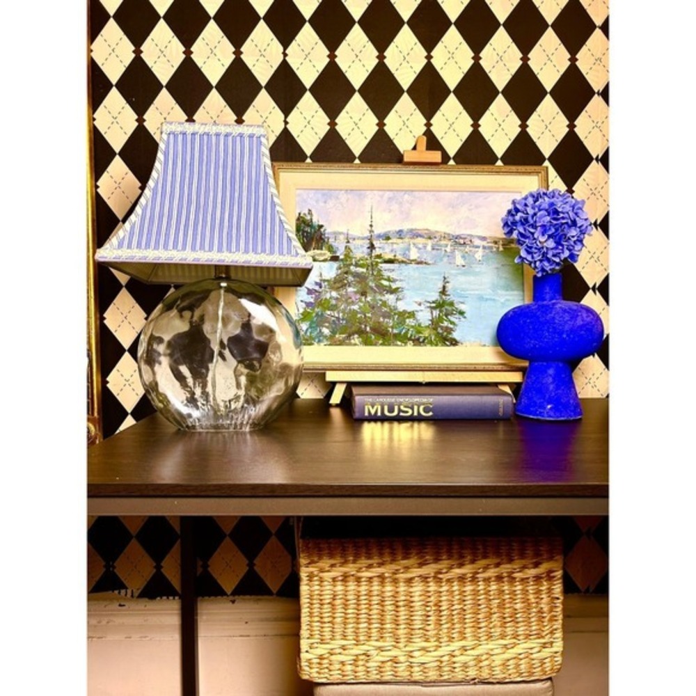 Coastal Aqua Blue Glass Table Lamp Blue White Striped Shade - Picture 6 of 11